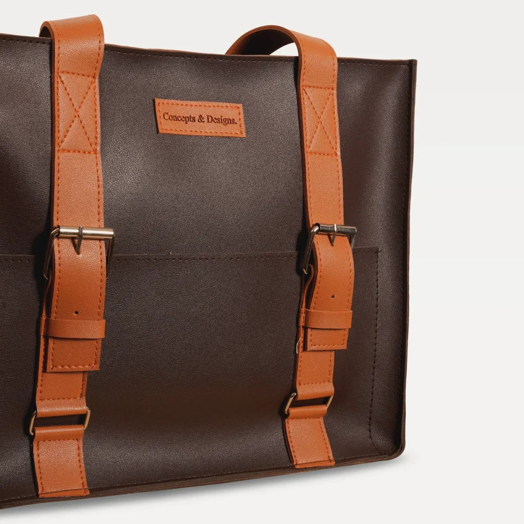 Brown totebag with tan strap close up
#color_espresso
