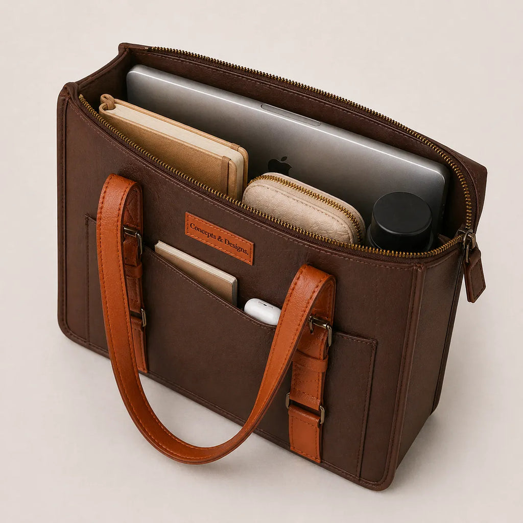 Brown totebag with tan strap open with contents inside
#color_espresso