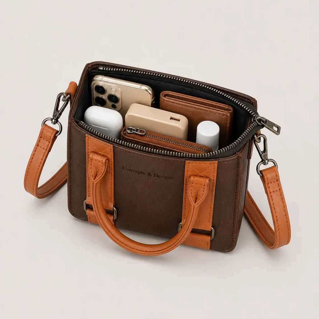 Brown and tan color mini bag with content
#color_espresso