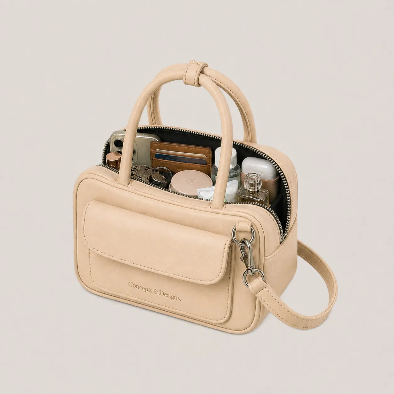 Beige elongated mini bag with content
#color_light beige