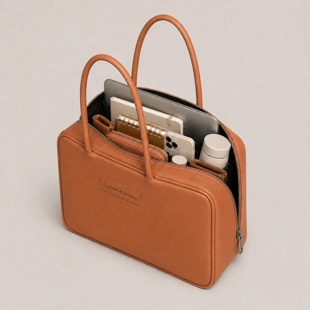 Tan satchel bag with content
#color_tan
