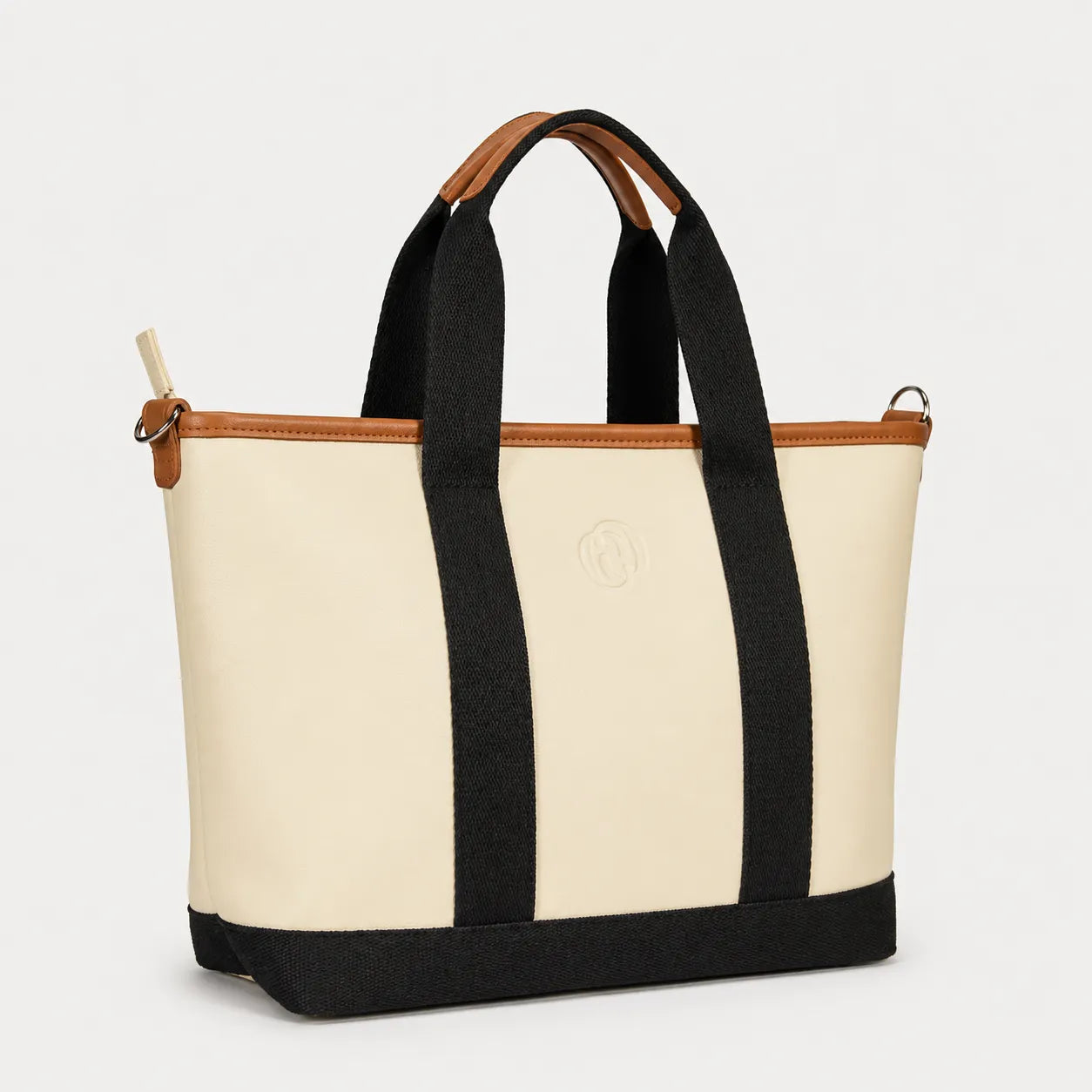 Beige tote bag with black straps and trim on a white background
#color_malibu