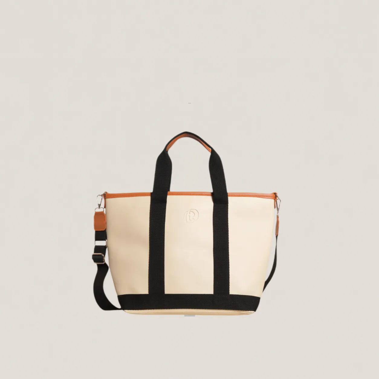 Beige tote bag with black straps and accents on a light gray background
#color_malibu