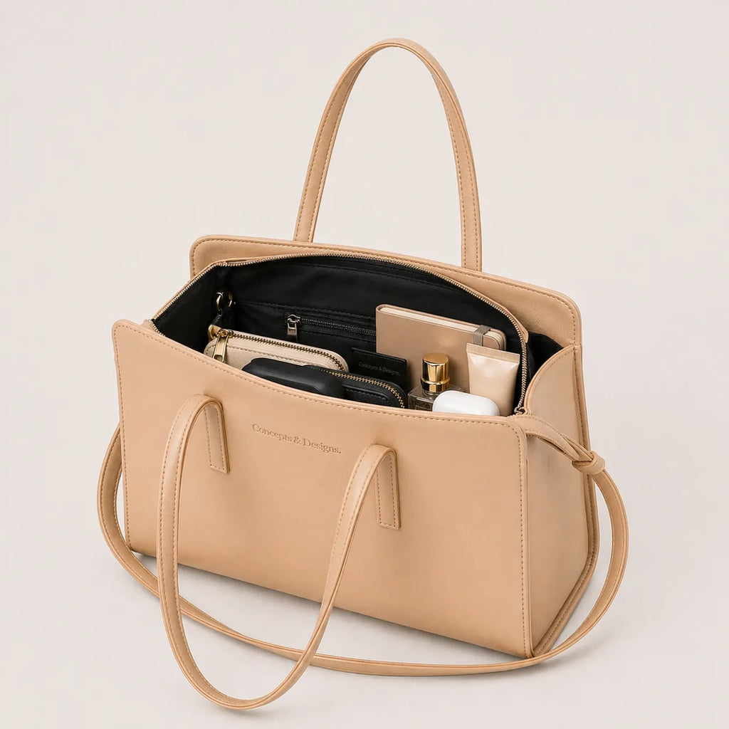 Beige handbag with open compartment on a light beige background
#color_light beige