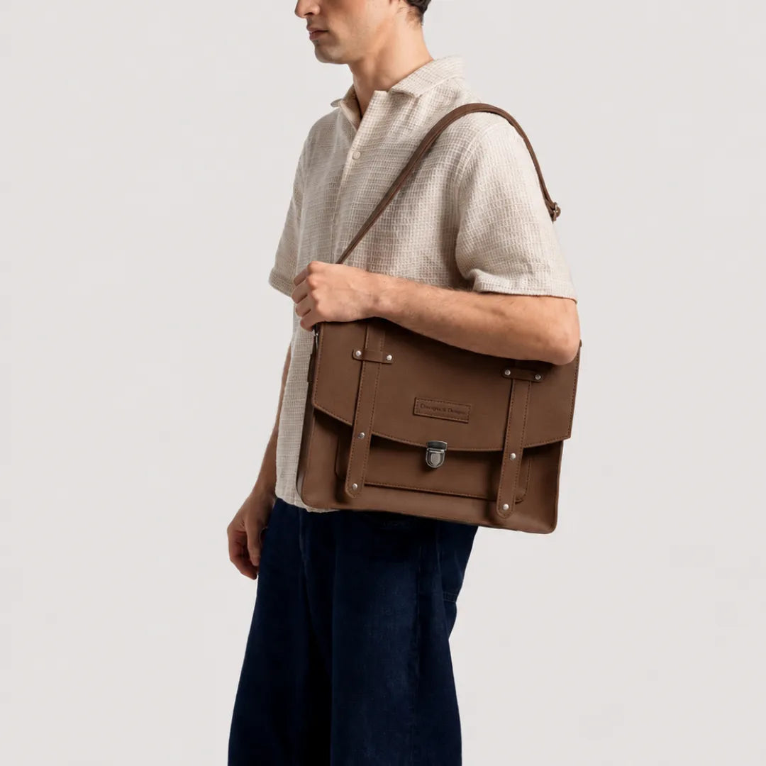 Man carrying a brown leather bag on a plain background
#color_dark brown