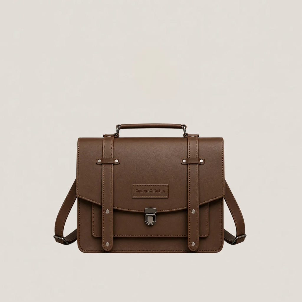 Brown leather satchel bag on a light beige background
#color_dark brown