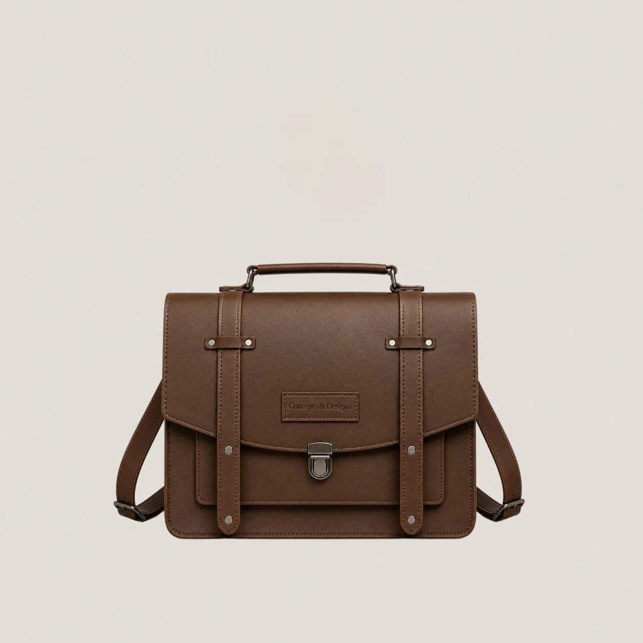 Brown leather satchel bag on a light beige background
#color_dark brown