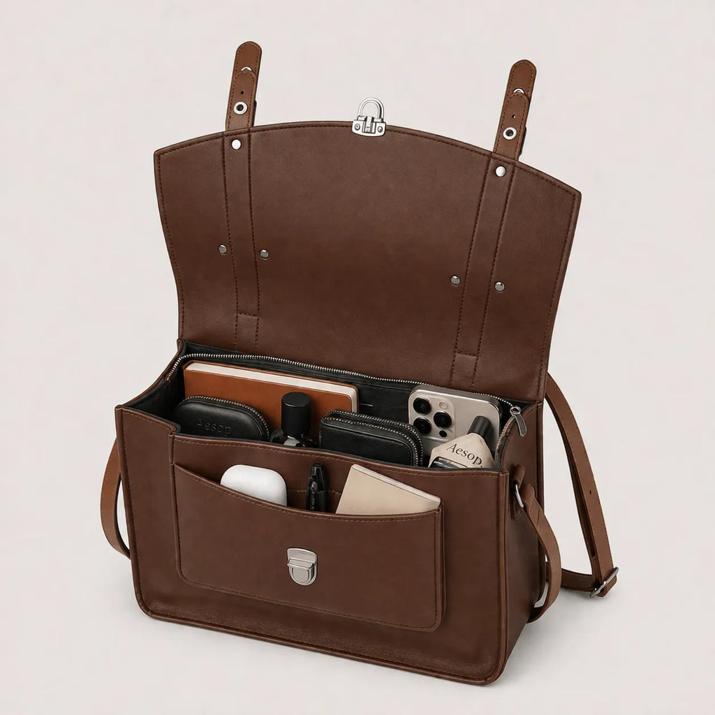 Brown leather bag with compartments and items on a light background
#color_dark brown