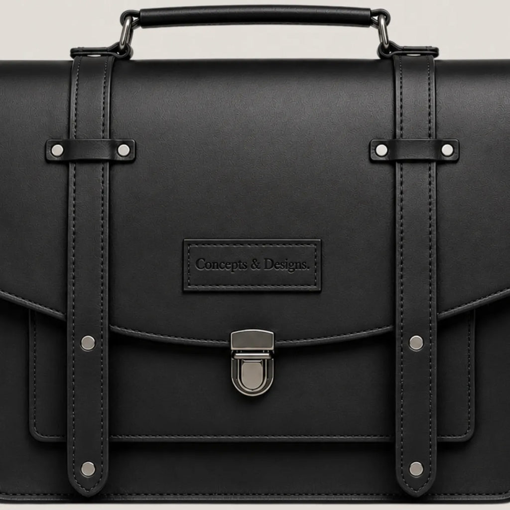 Black leather briefcase with straps and a visible brand logo on a light gray background
#color_midnight