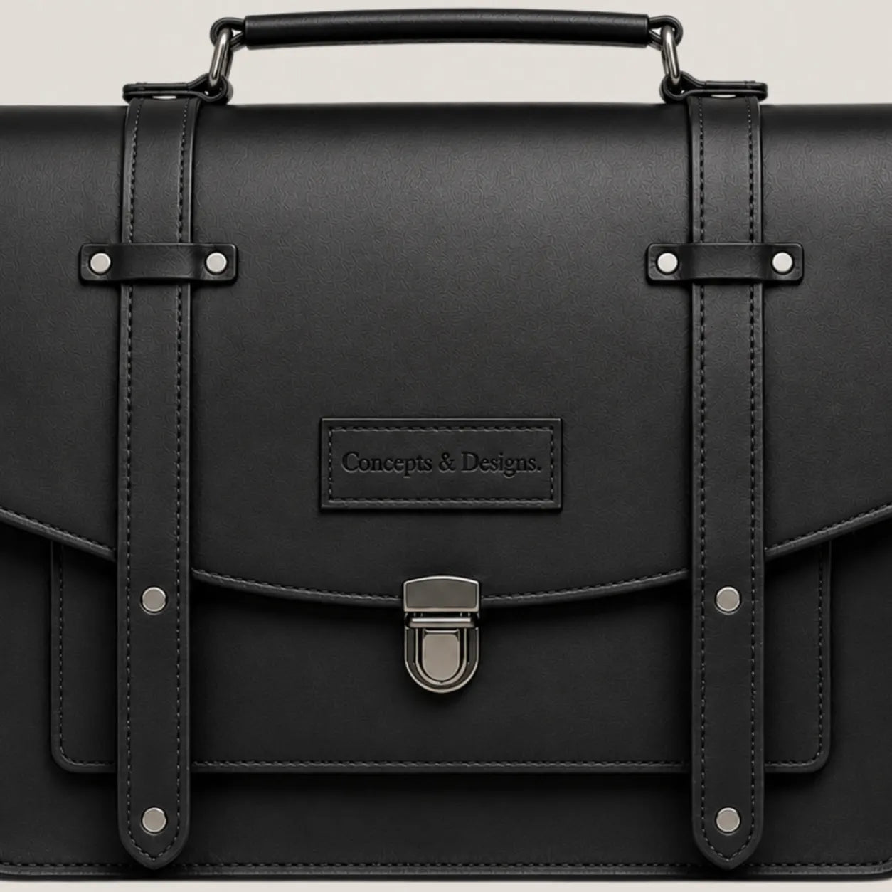 Black leather briefcase with straps and a visible brand logo on a light gray background
#color_midnight
