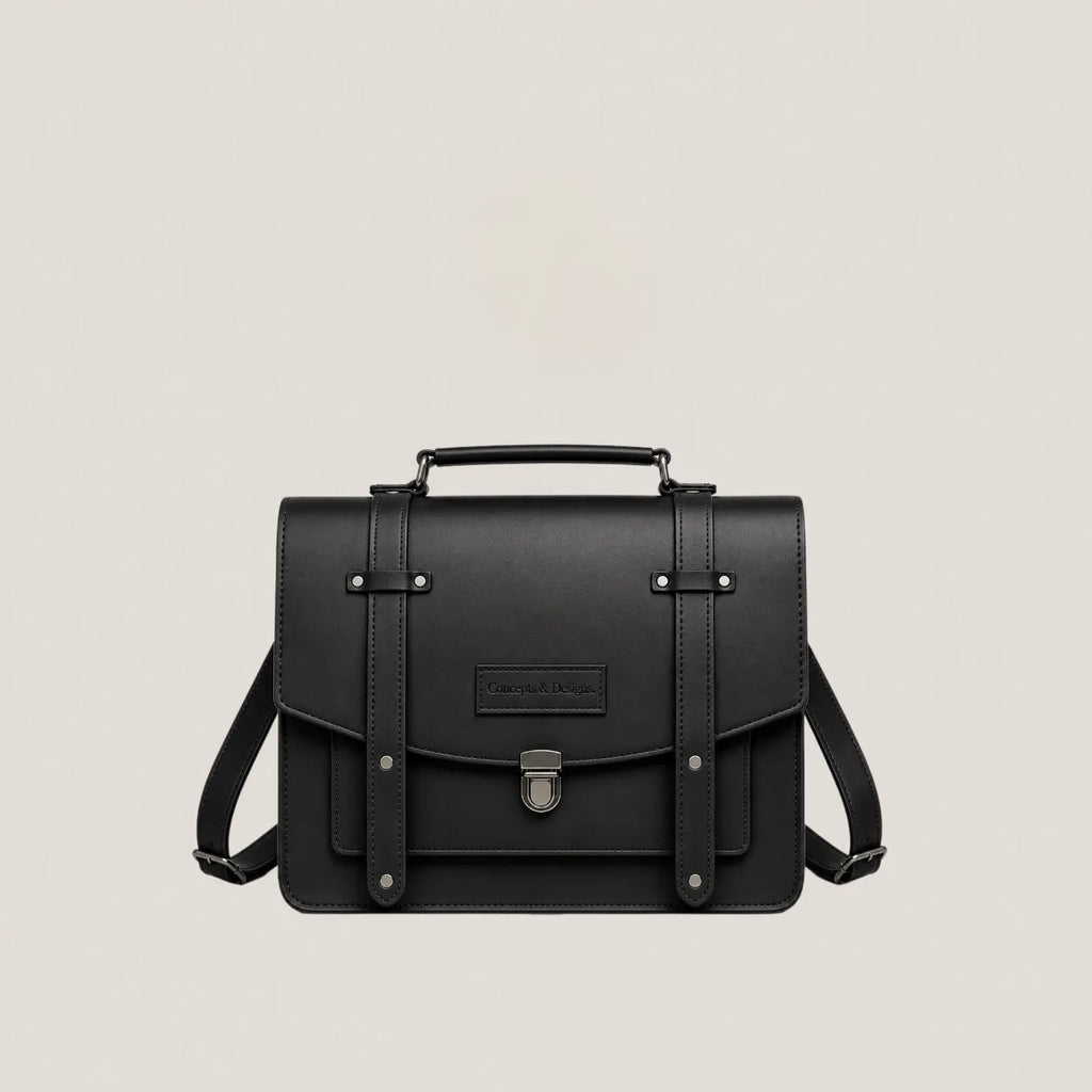 Black leather satchel bag on a light gray background
#color_midnight