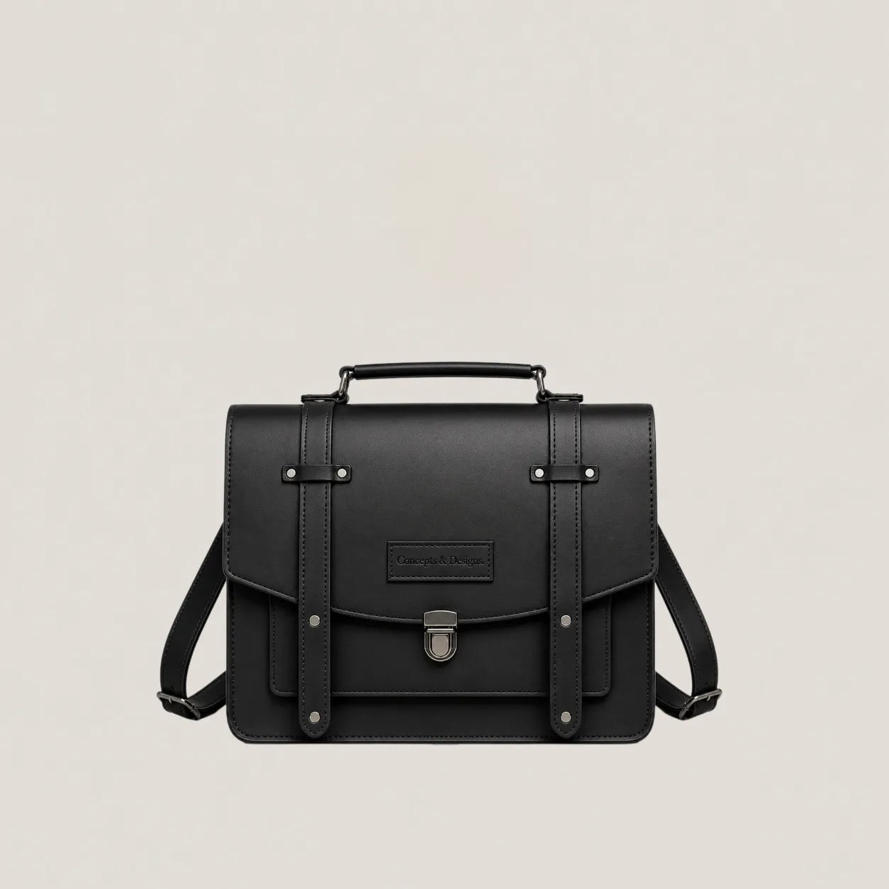 Black leather satchel bag on a light gray background
#color_midnight
