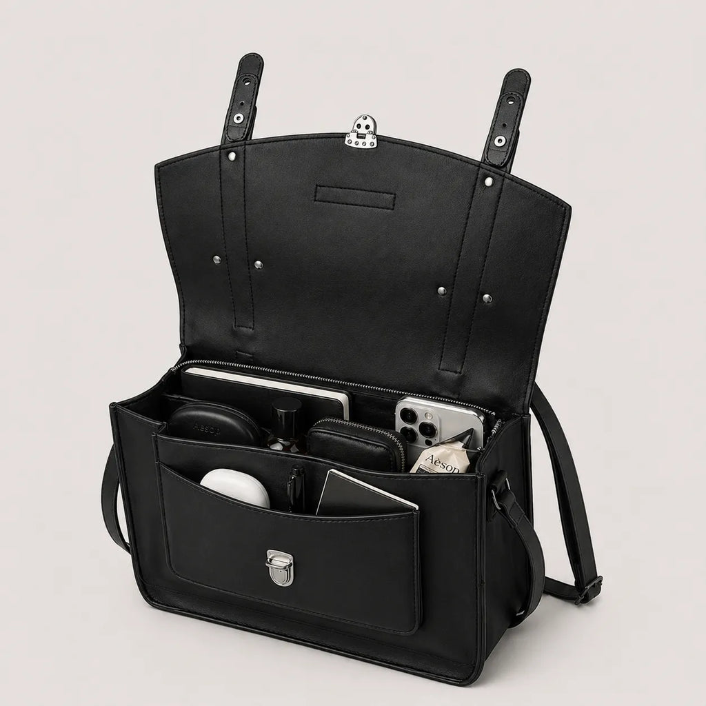 Black leather bag with compartments on a light gray background
#color_midnight