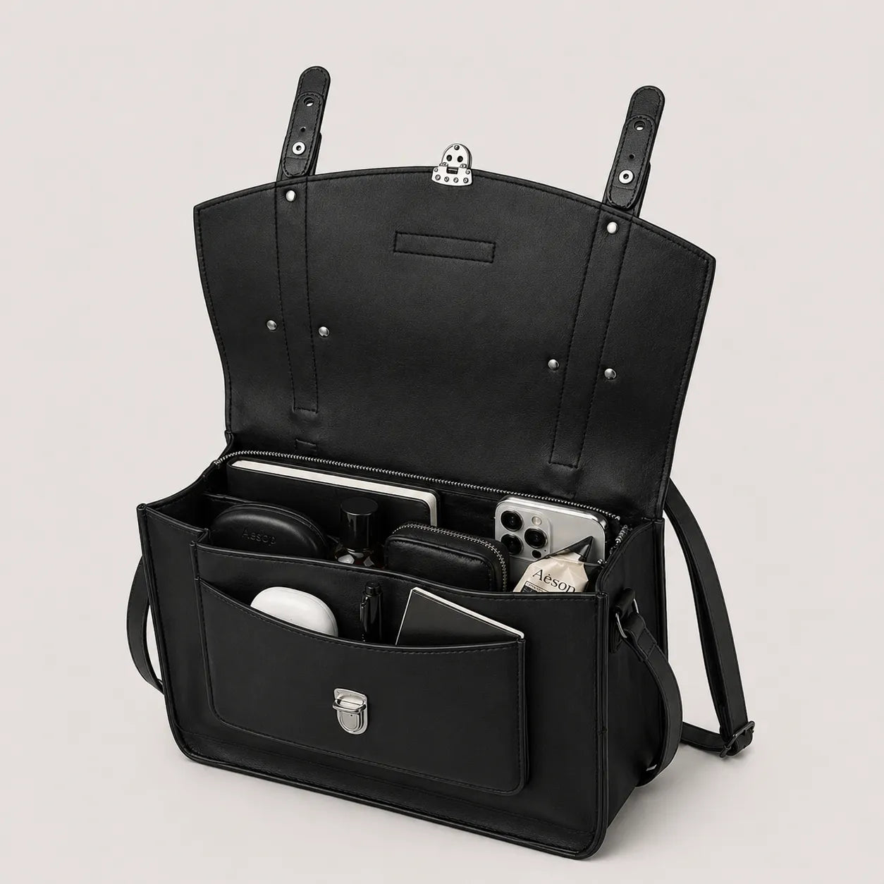 Black leather bag with compartments on a light gray background
#color_midnight