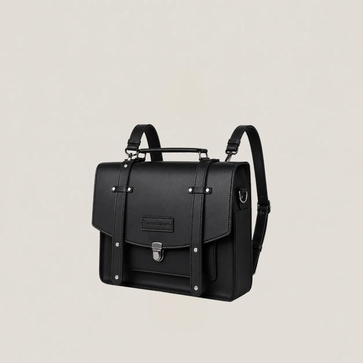 Black leather satchel bag on a beige background
#color_midnight