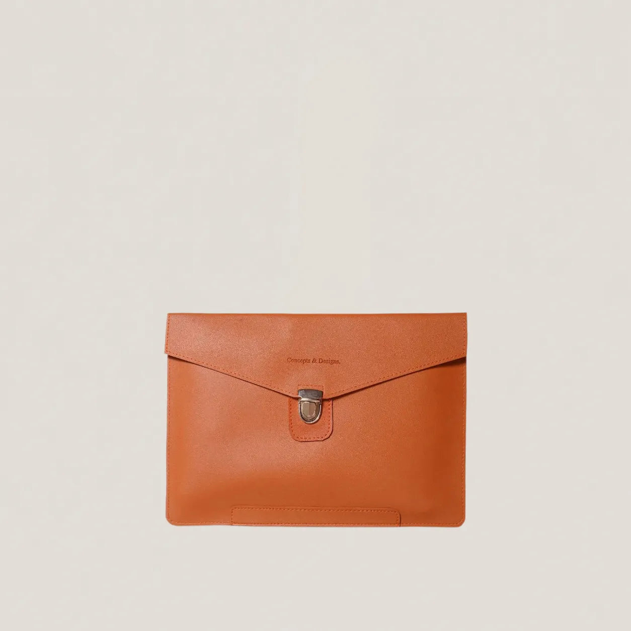 Orange leather clutch bag with a silver clasp on a beige background
#color_chestnut
