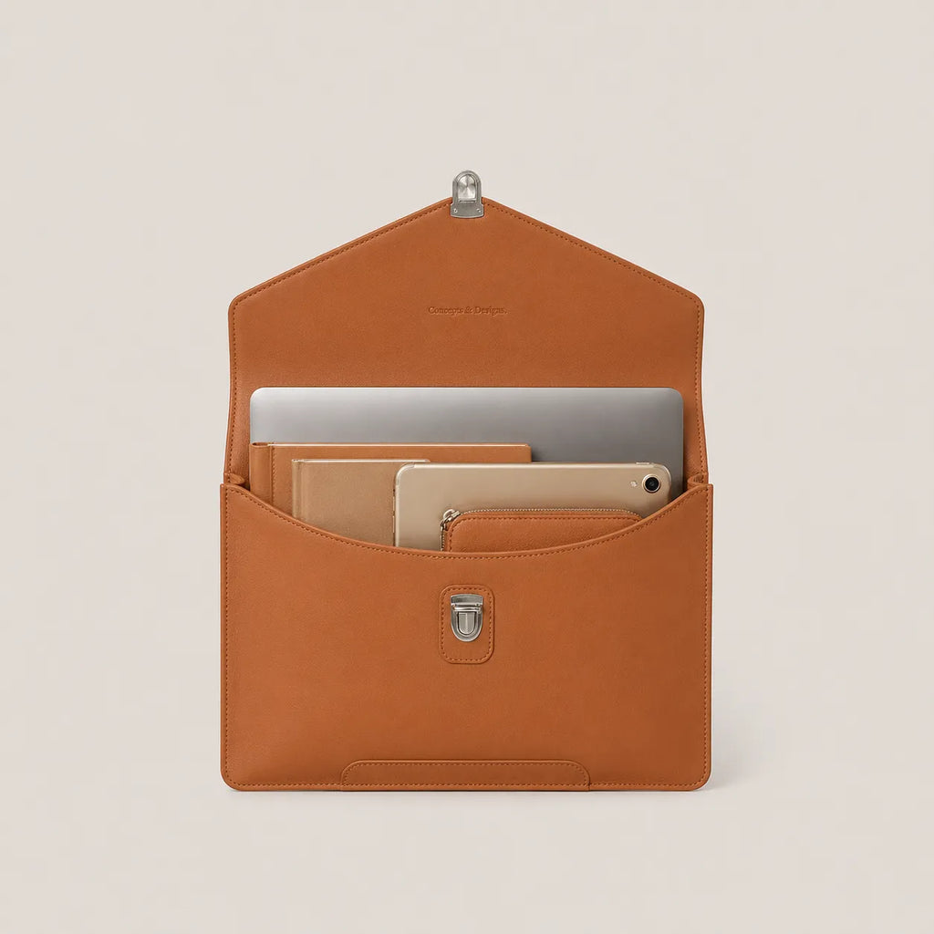Brown leather sleeve with compartments for electronic devices on a beige background
#color_chestnut