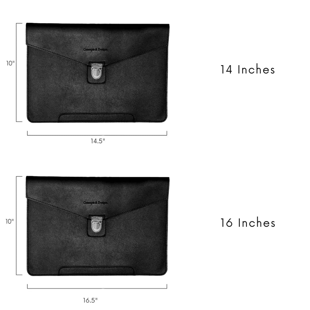 Black leather envelope with measurements on a white background