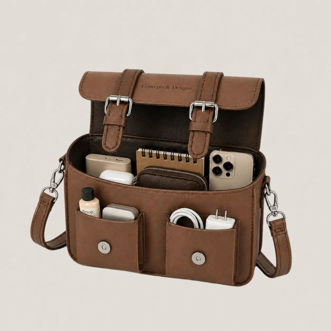 Brown leather crossbody bag with multiple pockets containing electronic devices and accessories on a beige background.
#color_umber